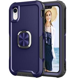 huismerk 3 in 1 PC + TPU Phone Case with Ring Holder For iPhone XR(Navy Blue)