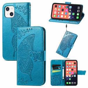 huismerk Butterfly Love Flower Reliëf Horizontale Flip Leren Case met Bracket / Card Slot / Portemonnee / Lanyard voor iPhone 13 Mini