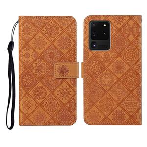 huismerk Voor Samsung Galaxy S20 Ultra Ethnic Style Embossed Pattern Horizontal Flip Leather Case met Holder & Card Slots & Wallet & Lanyard(Brown)