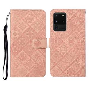 huismerk Voor Samsung Galaxy S20 Ultra Ethnic Style Embossed Pattern Horizontal Flip Leather Case met Holder & Card Slots & Wallet & Lanyard(Pink)