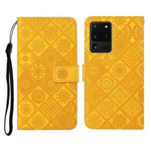 huismerk Voor Samsung Galaxy S20 Ultra Ethnic Style Embossed Pattern Horizontale Flip Lederen Case met Holder & Card Slots & Wallet & Lanyard(Geel)