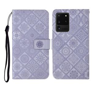 huismerk Voor Samsung Galaxy S20 Ultra Ethnic Style Embossed Pattern Horizontale Flip Lederen Case met Holder & Card Slots & Wallet & Lanyard(Paars)