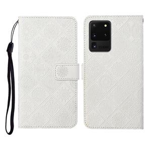 huismerk Voor Samsung Galaxy S20 Ultra Ethnic Style Embossed Pattern Horizontale Flip Lederen Case met Holder & Card Slots & Wallet & Lanyard(Wit)