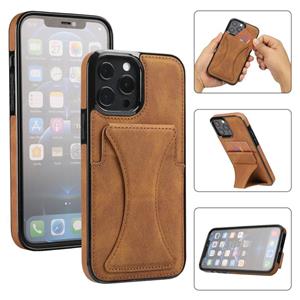 huismerk Ultradunne schokbestendige beschermhoes met houder en metalen magnetische functie voor iPhone 13 Pro (Brown)