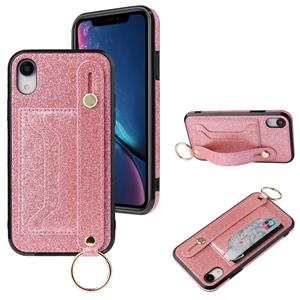 huismerk Glitter Powder PU+TPU Schokbestendige beschermhoes met houder & kaartslots & polsbandje voor iPhone XS Max(Roze)