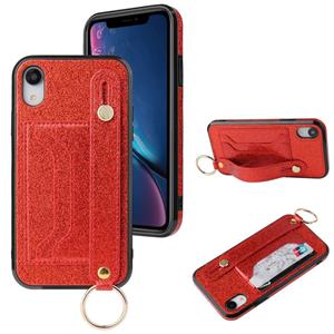 huismerk Glitter Powder PU+TPU Schokbestendige beschermhoes met houder & kaartslots & polsbandje voor iPhone XS Max(Rood)