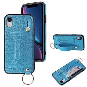 huismerk Glitter Powder PU+TPU Schokbestendige beschermhoes met houder & kaartslots & polsbandje voor iPhone XS Max(Blauw)