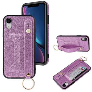 huismerk Glitter Powder PU+TPU Schokbestendige beschermhoes met houder & kaartslots & polsbandje voor iPhone XS Max(Paars)