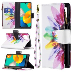 huismerk Voor Samsung Galaxy M32 Gekleurde Tekening Patroon Rits Horizontale Flip Leren Case met Houder & Card Slots & Portemonnee (Sun Flower)