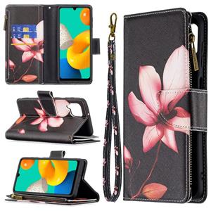 huismerk Voor Samsung Galaxy M32 Gekleurde Tekening Patroon Rits Horizontale Flip Leren Case met Houder & Card Slots & Wallet (Lotus)