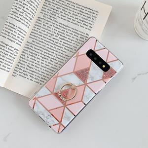 huismerk Voor Galaxy S10 Plus Plating Kleurrijke Geometrische Patroon Mozaïek Marmer TPU Mobiele Telefoon Case Rijnsteen Stand Ring (Roze PR1)