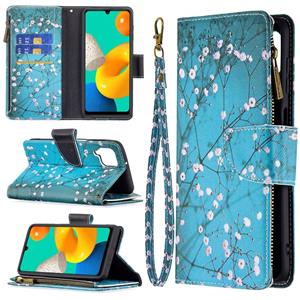 huismerk Voor Samsung Galaxy M32 Gekleurde Tekening Patroon Rits Horizontale Flip Leren Case met Houder & Card Slots & Wallet (Plum Blossom)