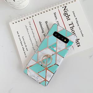 huismerk Voor Galaxy S10 Plus Plating Kleurrijke Geometrische Patroon Mozaïek Marmer TPU mobiele telefoon geval Rijnsteen Stand Ring (Groene PR2)