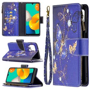 huismerk Voor Samsung Galaxy M32 Gekleurde Tekening Patroon Rits Horizontale Flip Leren Case met Houder & Card Slots & Portemonnee (Purple Butterfly)