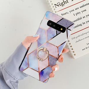 huismerk Voor Galaxy S10 Plus Plating Kleurrijke Geometrische Patroon Mozaïek Marmer TPU mobiele telefoon geval Rijnsteen Stand Ring (Paarse PR4)