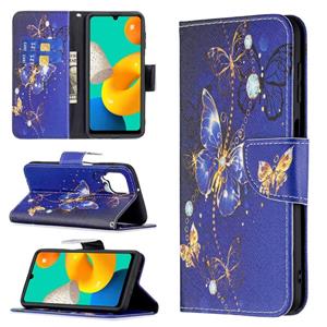 huismerk Voor Samsung Galaxy M32 Gekleurde tekening Horizontale Flip Lederen Case met Houder & Card Slots & Portemonnee (Purple Butterflies)