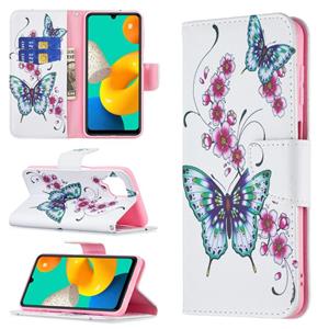 huismerk Voor Samsung Galaxy M32 Gekleurde Tekening Horizontale Flip Lederen Case met Houder & Card Slots & Portemonnee (Perzikbloesem en Butterfly)