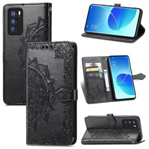 huismerk Voor OPPO Reno6 Pro 5G Mandala Bloem reliëf horizontale flip lederen geval met houder drie kaart slots &portemonnee &lanyard (zwart)