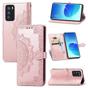 huismerk Voor Oppo Reno6 Pro 5G Mandala Bloem In reliëf gemaakte Horizontale Flip Leren Case met Houder & Three Card Slots & Wallet & Lanyard (Rose Gold)