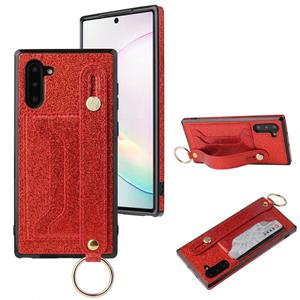 huismerk Voor Samsung Galaxy Note 10 Glitter Powder PU+TPU Schokbestendige beschermhoes met houder & kaartslots & polsband(rood)