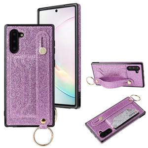 huismerk Voor Samsung Galaxy Note 10 Glitter Powder PU+TPU Schokbestendige beschermhoes met houder & kaartslots & polsbandje(paars)