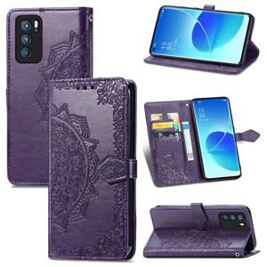 huismerk Voor Oppo Reno6 Pro 5G Mandala Bloem In reliëf gebracht Horizontale Flip Leren Case met Houder & Three Card Slots & Wallet & Lanyard (Purple)