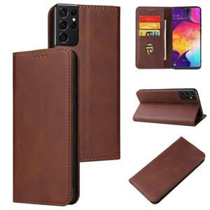 huismerk Voor Samsung Galaxy S21 Ultra 5G Calf Texture Magnetische Horizontale Flip Lederen Case Met Houder & Card Slots & Portemonnee (Bruin)