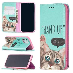 huismerk Gekleurd tekenpatroon onzichtbaar magnetische horizontale flip PU lederen hoes met houder & kaartslots & portemonnee voor iPhone 12 mini(Cat)