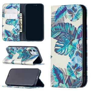 huismerk Gekleurd tekenpatroon onzichtbaar magnetische horizontale flip PU lederen hoes met houder & kaartslots & portemonnee voor iPhone 12 mini(blauwe blader