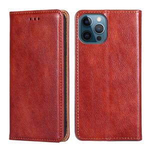 huismerk PU + TPU Glanzendolie Effen Kleur Magnetische Horizontale Flip Lederen Case met Houder & Card Slot & Portemonnee voor iPhone 13 Pro Max (Brown)