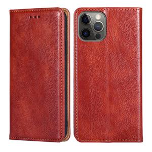 huismerk PU + TPU Gloss Olie Effen Kleur Magnetische Horizontale Flip Leren Case met Houder & Card Slot & Portemonnee voor iPhone 13 Pro (Brown)