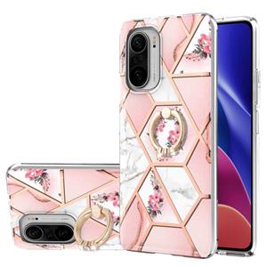 huismerk Voor Xiaomi MI 11I / POCO F3 / Redmi K40 / Redmi K40 Pro Electroplating Splicing Marble Flower Pattern TPU Shockproof Case met Rhinestone Ring Houder