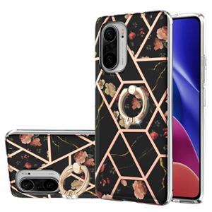 huismerk Voor Xiaomi MI 11I / POCO F3 / Redmi K40 / Redmi K40 Pro Electroplating Splicing Marmeren Bloempatroon TPU Schokbestendig Case met Rhinestone Ringhoud