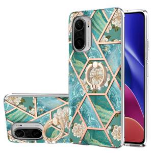 huismerk Voor Xiaomi MI 11I / POCO F3 / Redmi K40 / Redmi K40 Pro Electloplating Splicing Marmeren Bloempatroon TPU Schokbestendig Case met Rhinestone Ringhoud