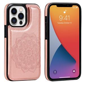 huismerk Dubbele gesp Mandala Patroon PU + TPU-beschermhoes met kaartslots & houder & fotolijst voor iPhone 13 Pro (Rose Gold)