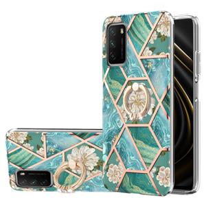 huismerk Voor Xiaomi Poco M3 / Redmi Note 9 4G / Redmi 9 Power / Redmi 9T galvaniseren Splicing Marble Flower Pattern TPU Schokbestendig hoesje met strass ring