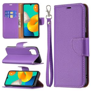 huismerk Voor Samsung Galaxy M32 Litchi Texture Pure Color Horizontale Flip Lederen Hoesje met Houder & Kaart Slots & Portemonnee & Lanyard (Paars)