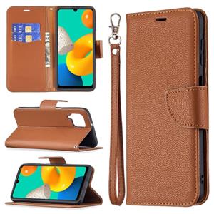 huismerk Voor Samsung Galaxy M32 Litchi Texture Pure Color Horizontal Flip Lederen Case met Houder & Card Slots & Wallet & Lanyard (Brown)