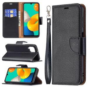 huismerk Voor Samsung Galaxy M32 Litchi Textuur Pure Kleur Horizontale Flip Leren Case Met Houder & Card Slots & Wallet & Lanyard (Zwart)