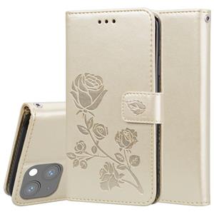 huismerk Rose reliëf horizontale flip PU lederen geval met houder en kaart slots &portemonnee voor iPhone 13 mini (goud)