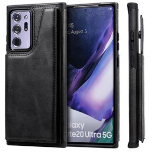 huismerk Schokbestendige kalfstextuur beschermhoes met houder & kaartslots & frame voor Samsung Galaxy Note20 Ultra(Zwart)