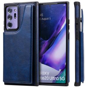 huismerk Schokbestendige kalfstextuur beschermhoes met houder & kaartslots & frame voor Samsung Galaxy Note20 Ultra(Blauw)