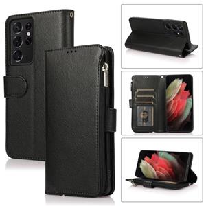 huismerk For Samsung Galaxy S21 Ultra 5G Microfiber Zipper Horizontal Flip Leather Case(Black)