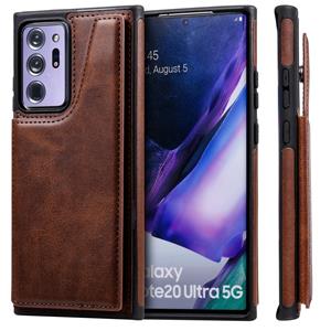 huismerk Schokbestendige kalfstextuur beschermhoes met houder & kaartslots & frame voor Samsung Galaxy Note20 Ultra(Koffie)