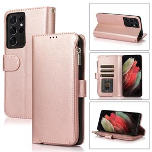 huismerk For Samsung Galaxy S21 Ultra 5G Microfiber Zipper Horizontal Flip Leather Case(Rose Gold)