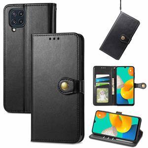 huismerk Voor Samsung Galaxy M32 Solid Color Leather Buckle Case met Lanyard & Photo Frame & Card Slot & Wallet & Stand-functie (Zwart)