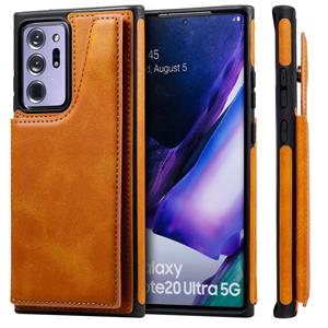 huismerk Schokbestendige kalfstextuur beschermhoes met houder & kaartslots & frame voor Samsung Galaxy Note20 Ultra(Bruin)