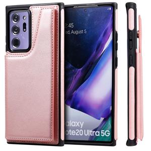 huismerk Schokbestendige kalfstextuur beschermhoes met houder & kaartslots & frame voor Samsung Galaxy Note20 Ultra(Rose Gold)