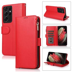 huismerk For Samsung Galaxy S21 Ultra 5G Microfiber Zipper Horizontal Flip Leather Case(Red)