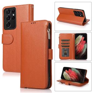 huismerk For Samsung Galaxy S21 Ultra 5G Microfiber Zipper Horizontal Flip Leather Case(Brown)